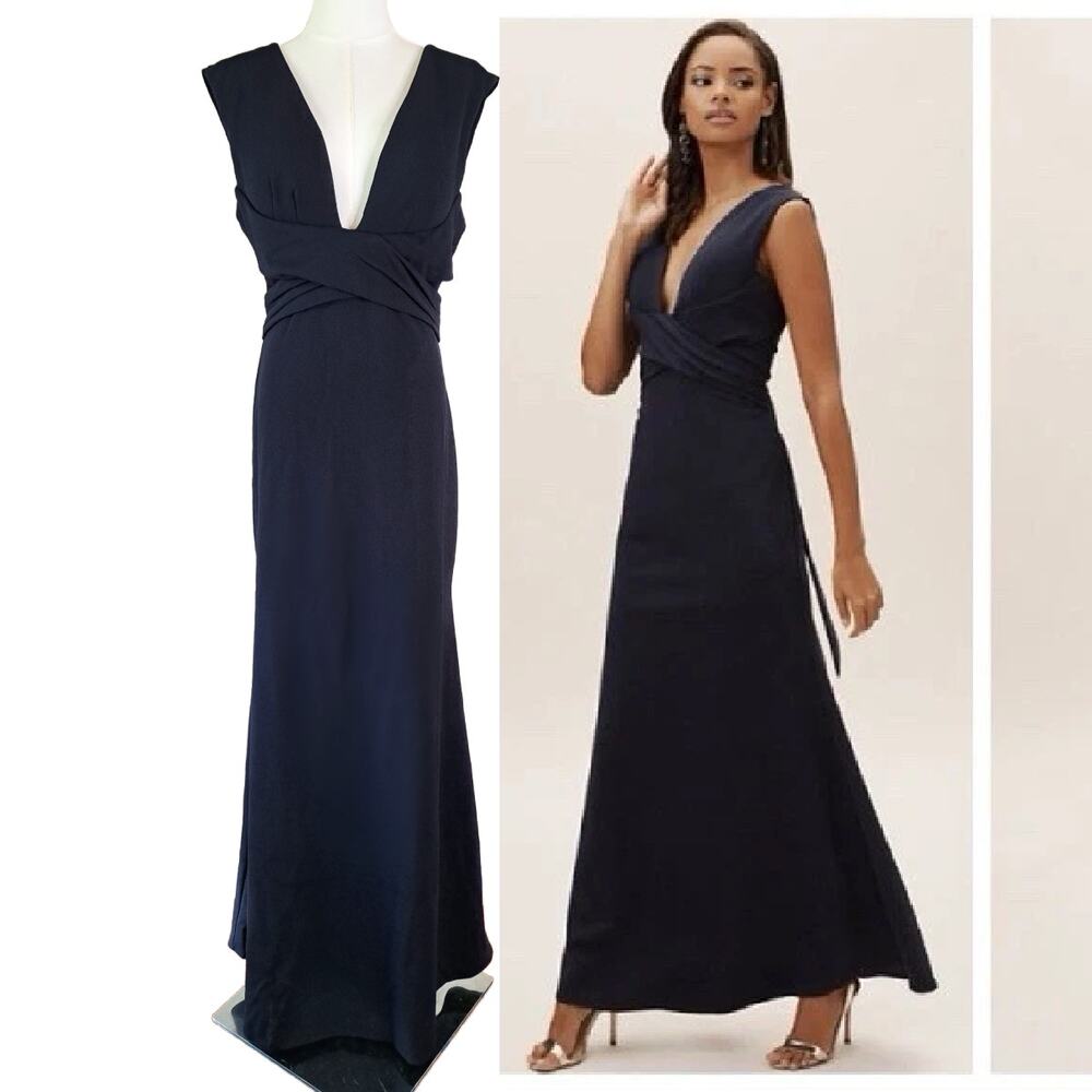 BHLDN Fira Crepe Maxi Gown Size 10 Navy Blue Plunging V-Neck Back Formal Gown